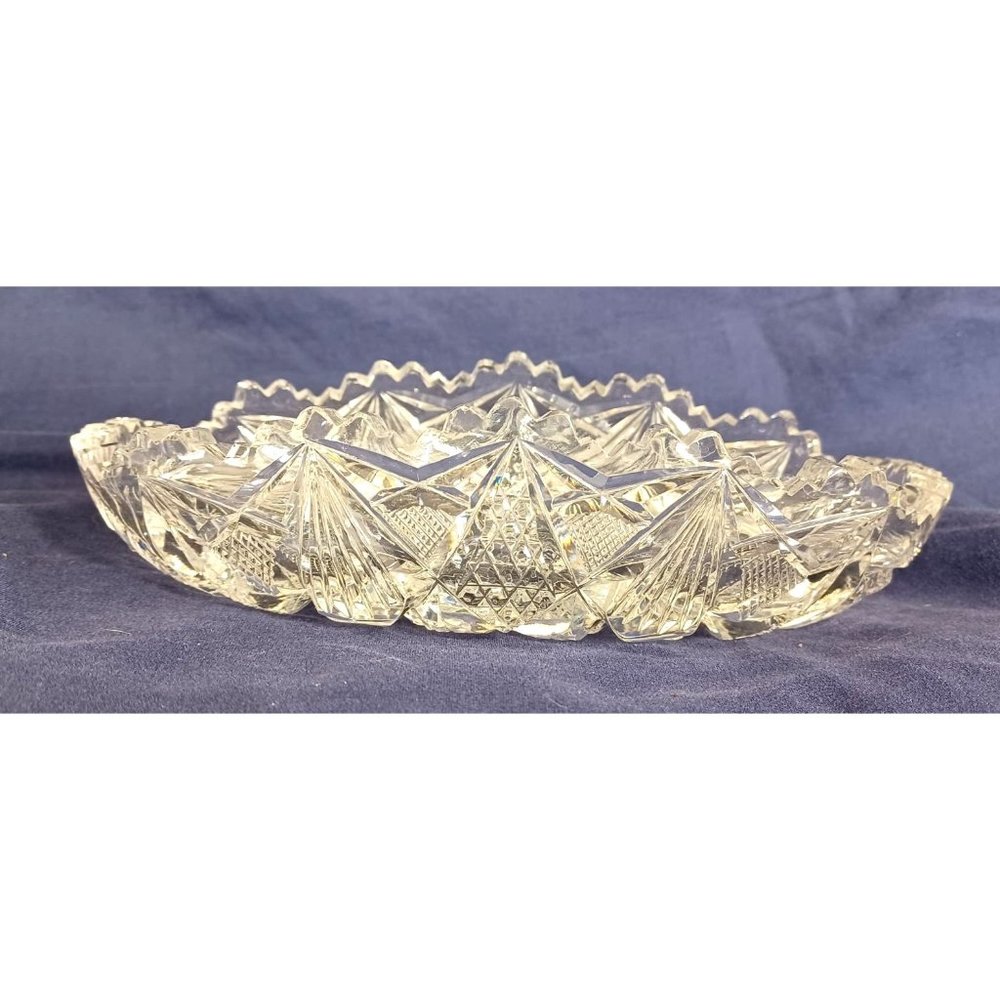 Serving Dish 7.5"x3.5"Vtg Cut Bohemia Czech Crystal Pinwheel Star Design 24 pbO